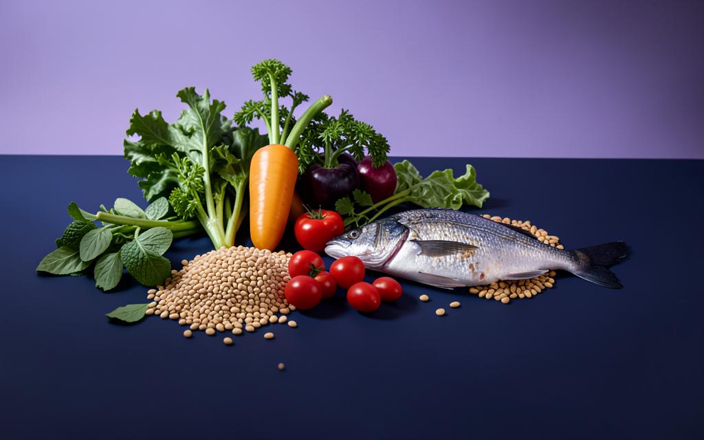 Vegetales frescos, legumbres y pescado sobre una superficie azul profunda