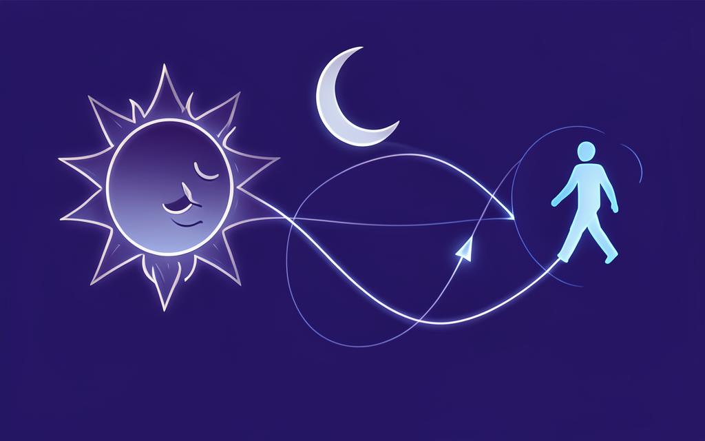 Ilustración de sol, luna y una figura caminando conectadas por líneas luminosas